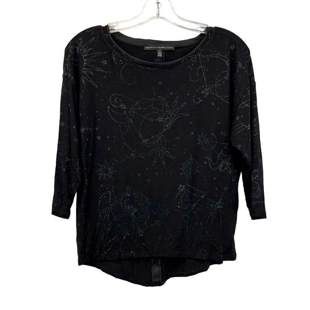White House Black Market Womens 3/4 Sleeve Top Astrology Print Black XS Petite